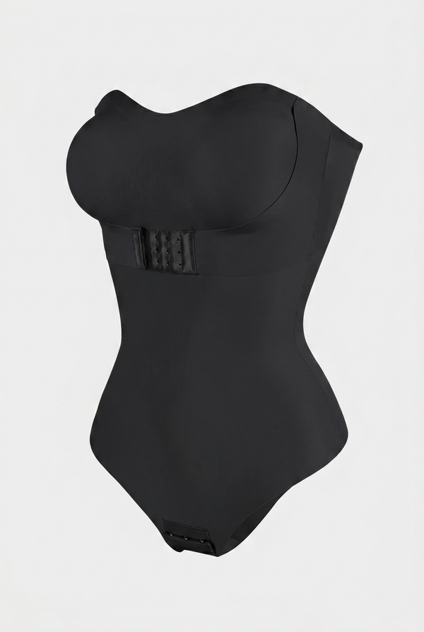 Black shapewear bodysuit on a light gray background