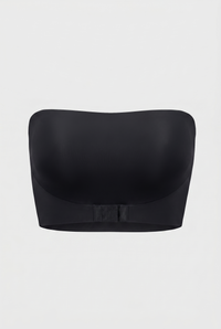 Black strapless bra on a light gray background