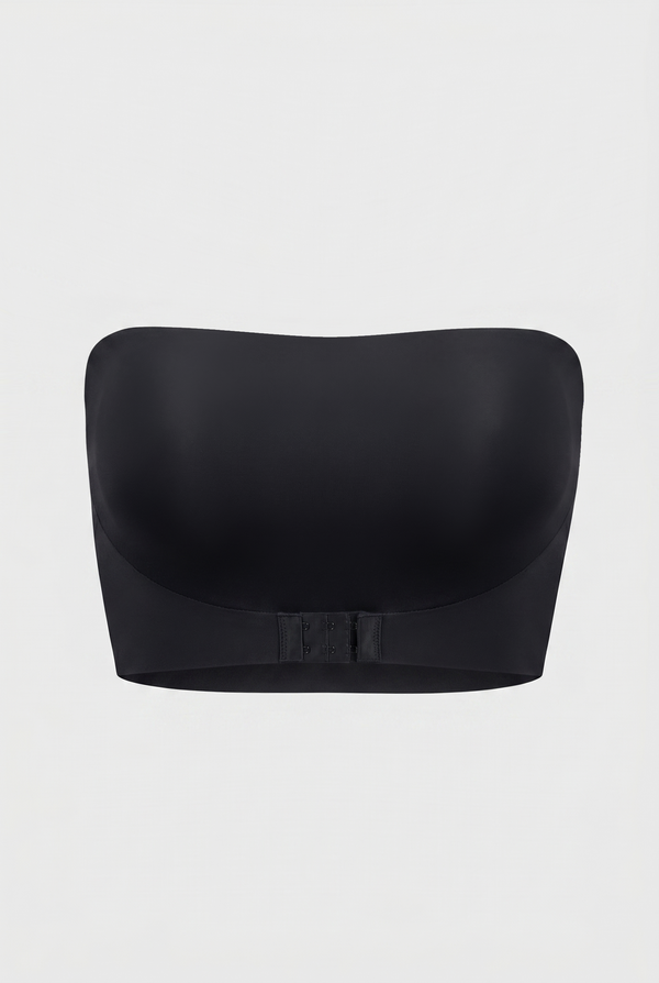 Black strapless bra on a light gray background