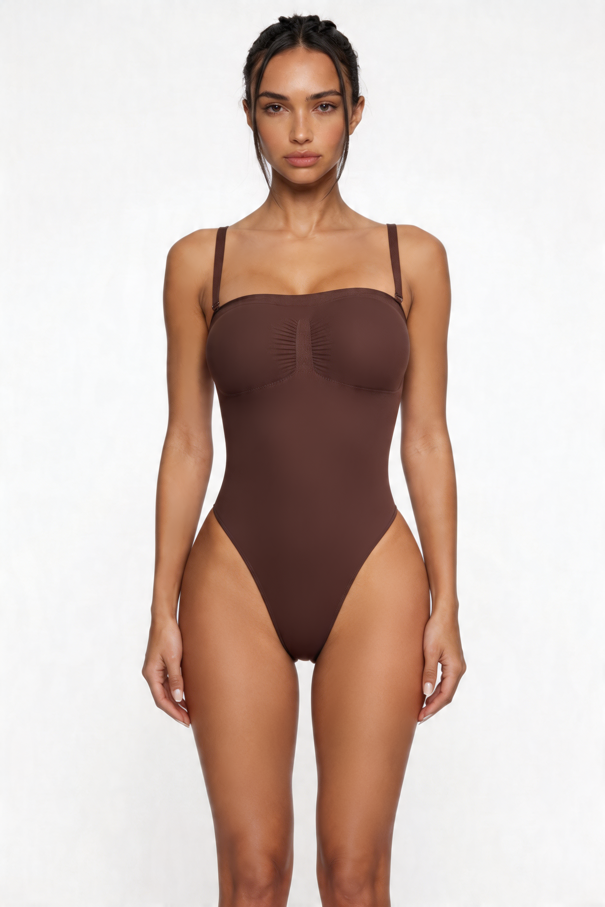 Woman wearing a brown shapewear bodysuit on a white background