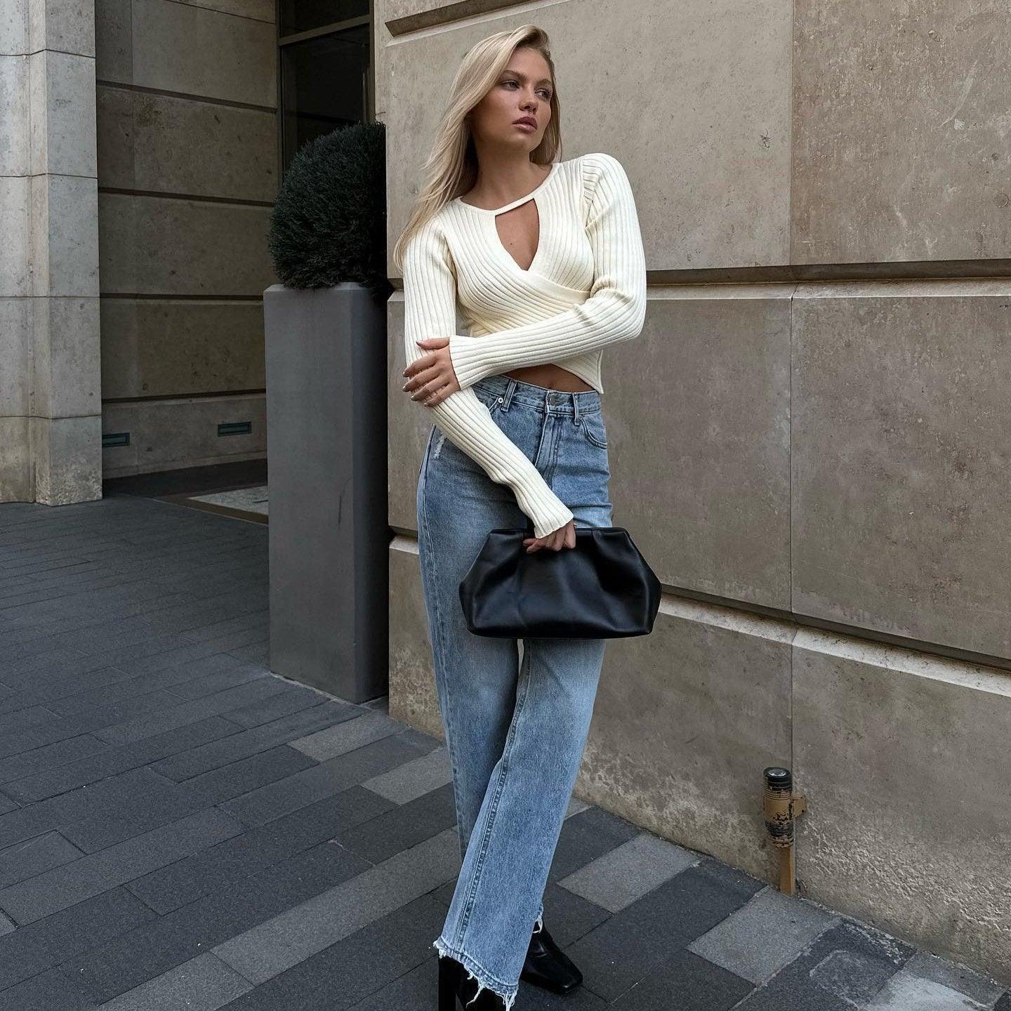 Abriella V-Neck Ribbed Top - Beige / S - Be My Shine