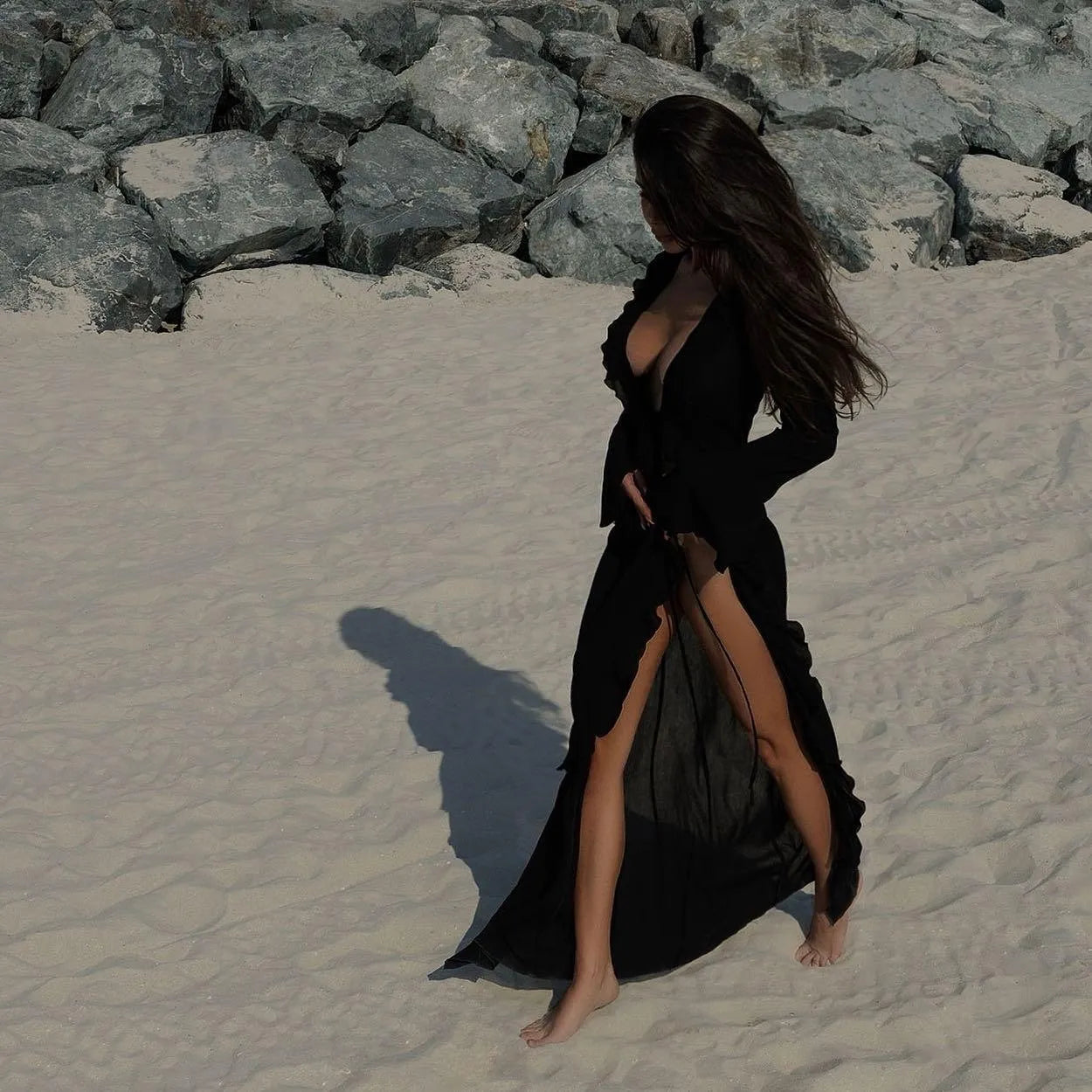 Liliana Ruffle Long Sleeve Beach Maxi Dress - black / s - Be My Shine