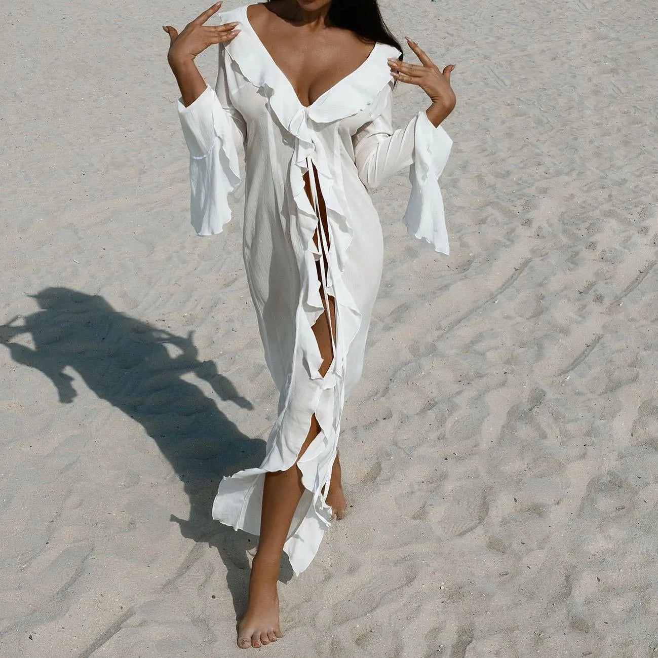 Liliana Ruffle Long Sleeve Beach Maxi Dress - pink / s - Be My Shine