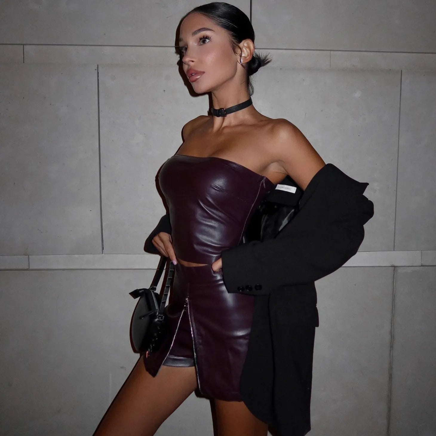 Aisla Faux Leather Two Piece Set - Burgundy / S - Be My Shine