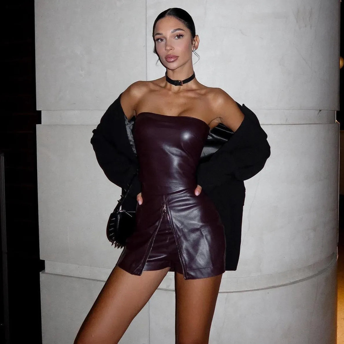 Aisla Faux Leather Two Piece Set - Burgundy / S - Be My Shine