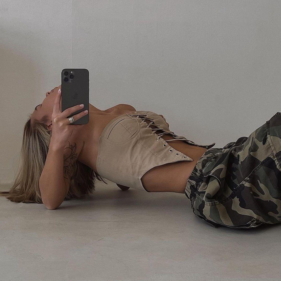 Alba Vintage Lace Up Corset Top - S / Khaki - Be My Shine