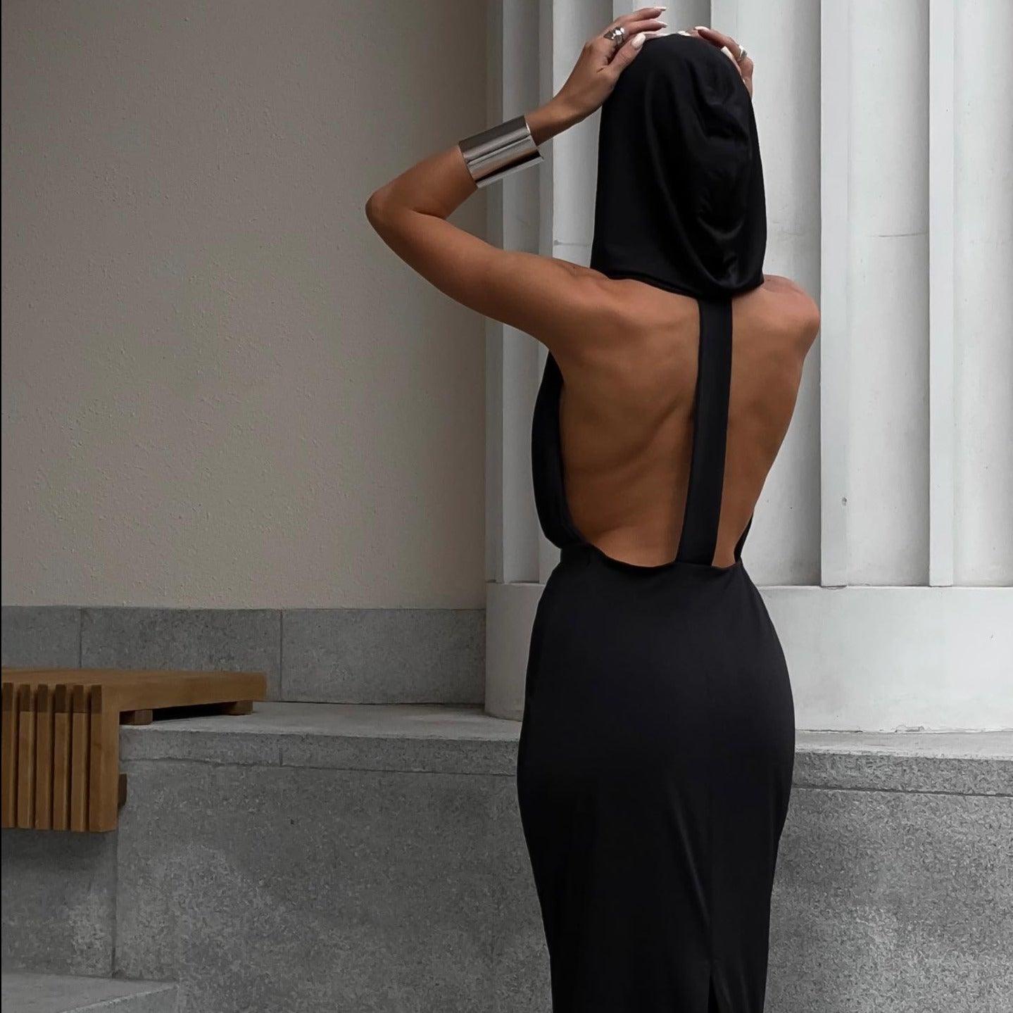 Amorette Hood Backless Maxi Dress - Black / S - Be My Shine