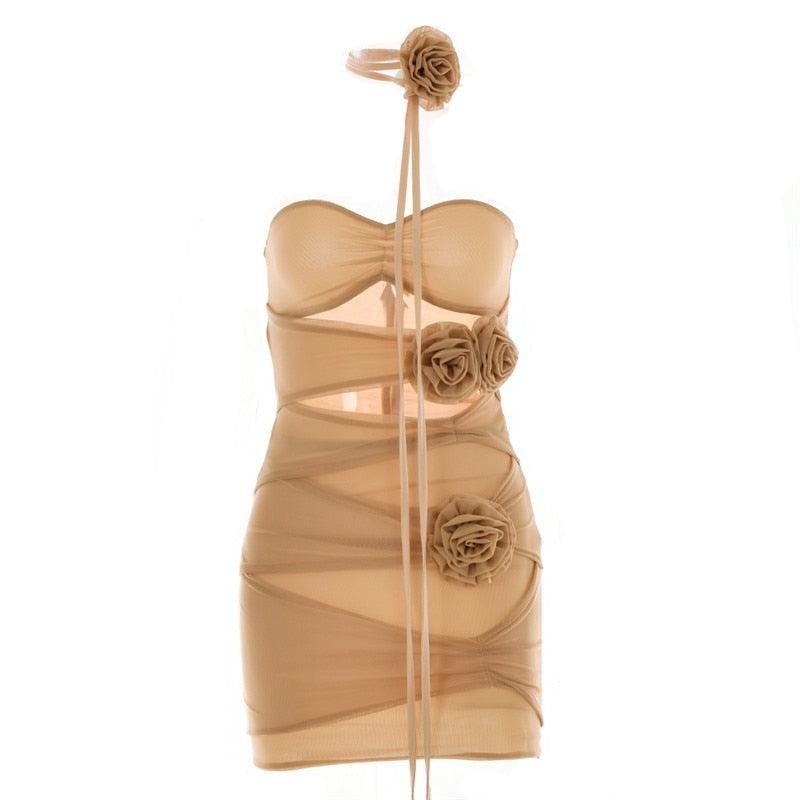 Anaelle Cut Out Mesh Mini Dress - Khaki / S - Be My Shine
