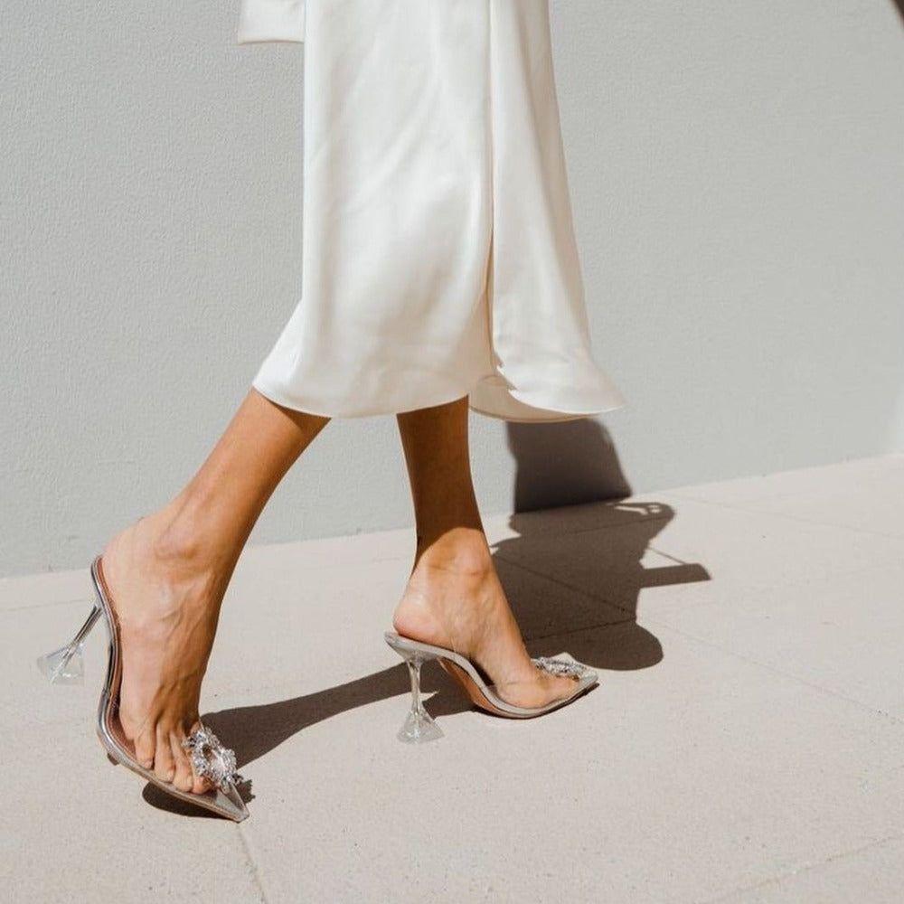 Ashira Pointed Toe Crystal Brooch Heels - 3.5 in (9 cm) / 3 / Clear - Be My Shine