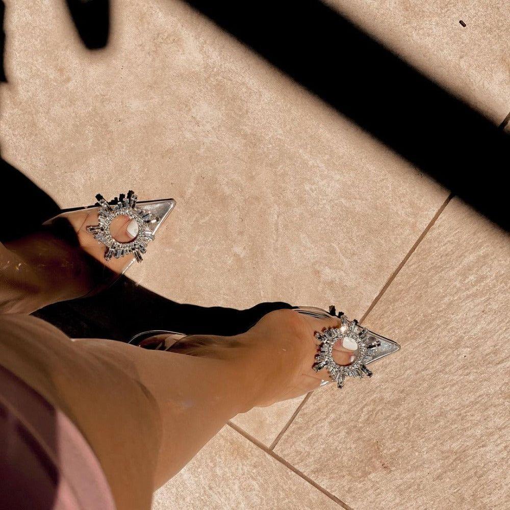 Ashira Pointed Toe Crystal Brooch Heels - 3.5 in (9 cm) / 3 / Clear - Be My Shine