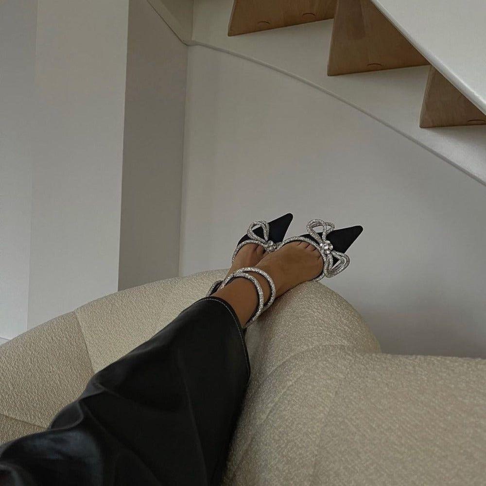Aurora Diamante Double Bow Satin Heels - Black / 5 - Be My Shine