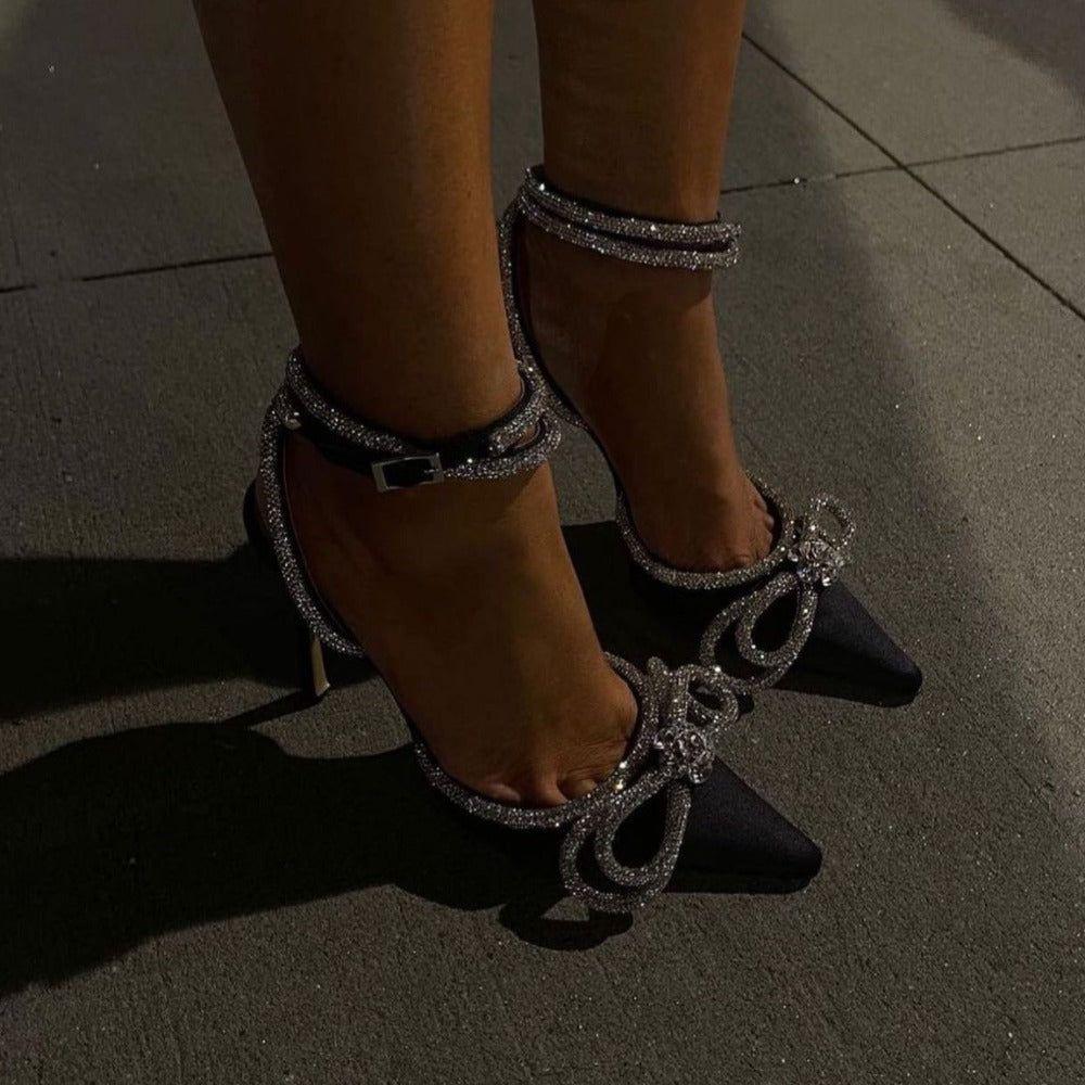 Aurora Diamante Double Bow Satin Heels - Black / 5 - Be My Shine