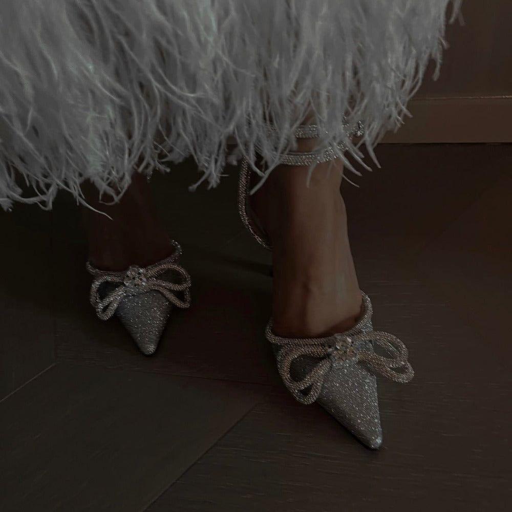 Baia Silver Glitter Wrap Around Bow Heels - 4 / Silver - Be My Shine