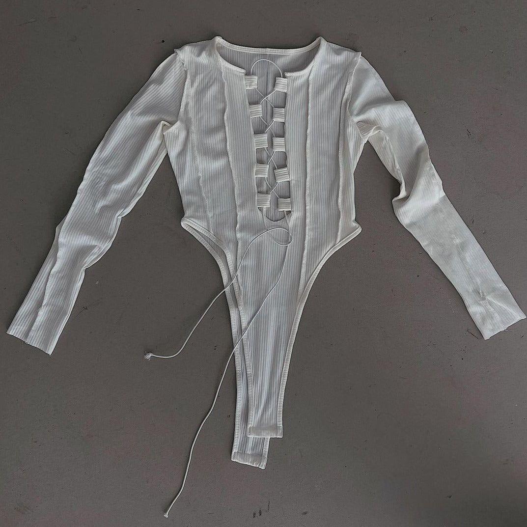 Caya Ribbed Lace Up Bodysuit - White / S - Be My Shine
