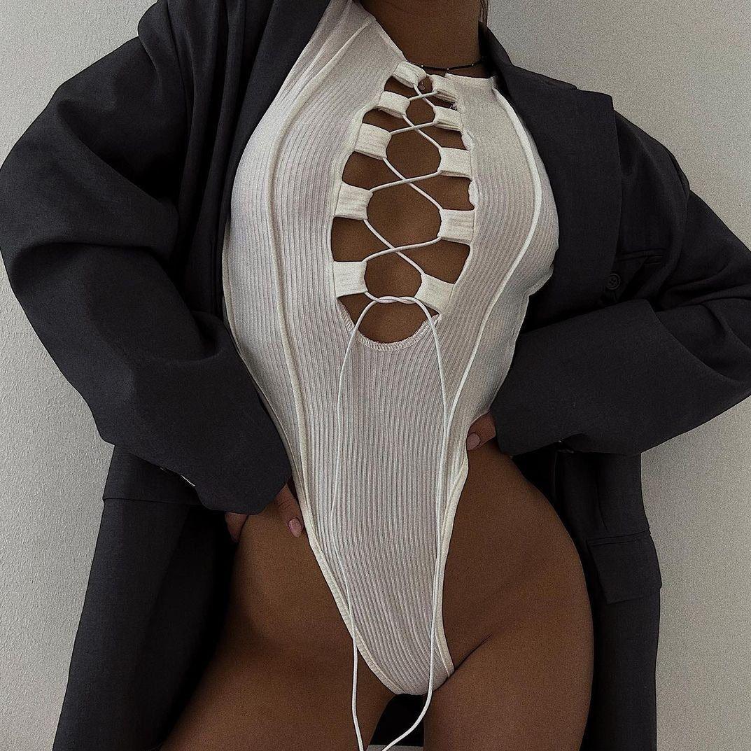 Caya Ribbed Lace Up Bodysuit - White / S - Be My Shine