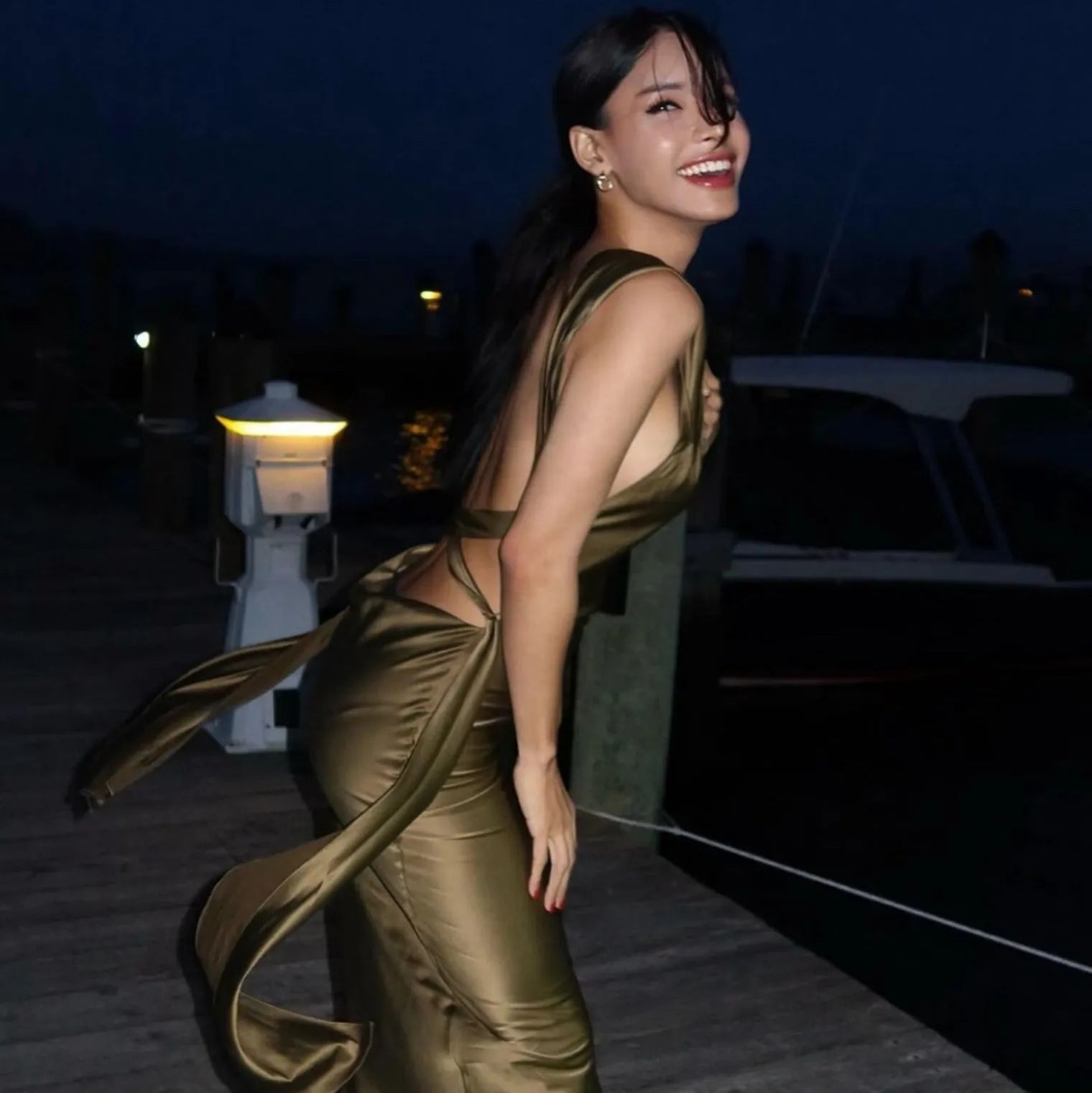 Modern Edge Slip Satin Maxi Dress - army-green / m - Be My Shine