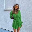 Delilah Pleated Button Up Shirt Mini Dress - Green / S - Be My Shine