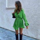 Delilah Pleated Button Up Shirt Mini Dress - Green / S - Be My Shine