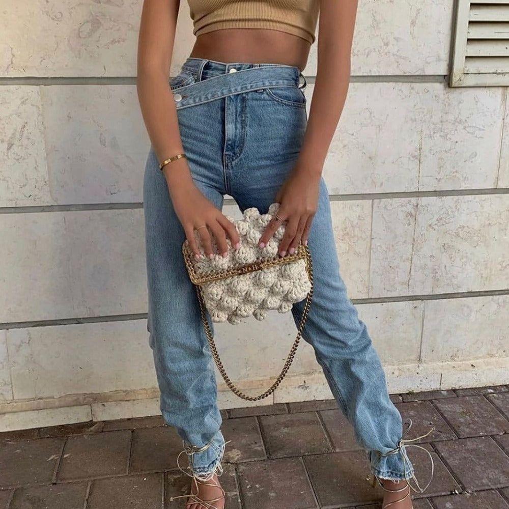 Domenica High Waisted Cross-Belt Design Jeans - Blue / XS - Be My Shine