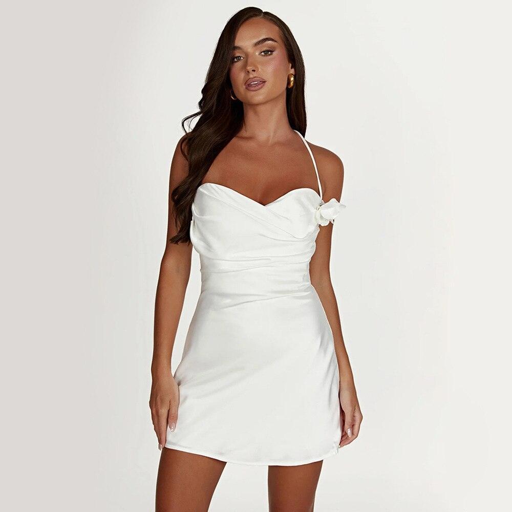Eda Satin Rose Halter Mini Dress - White / XS - Be My Shine