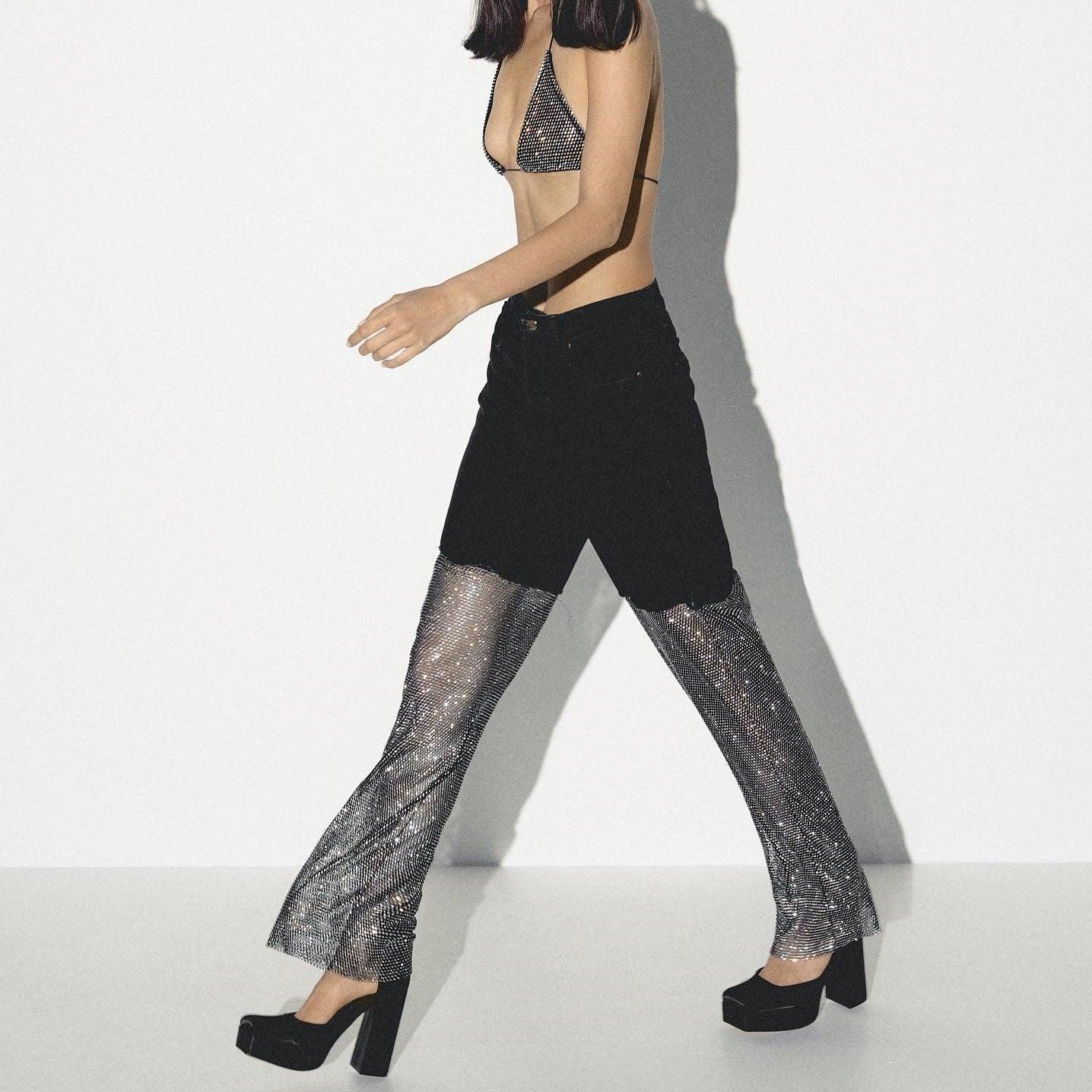 Emmanuelle Crystal Mesh Wide Leg Jeans - Black / S - Be My Shine