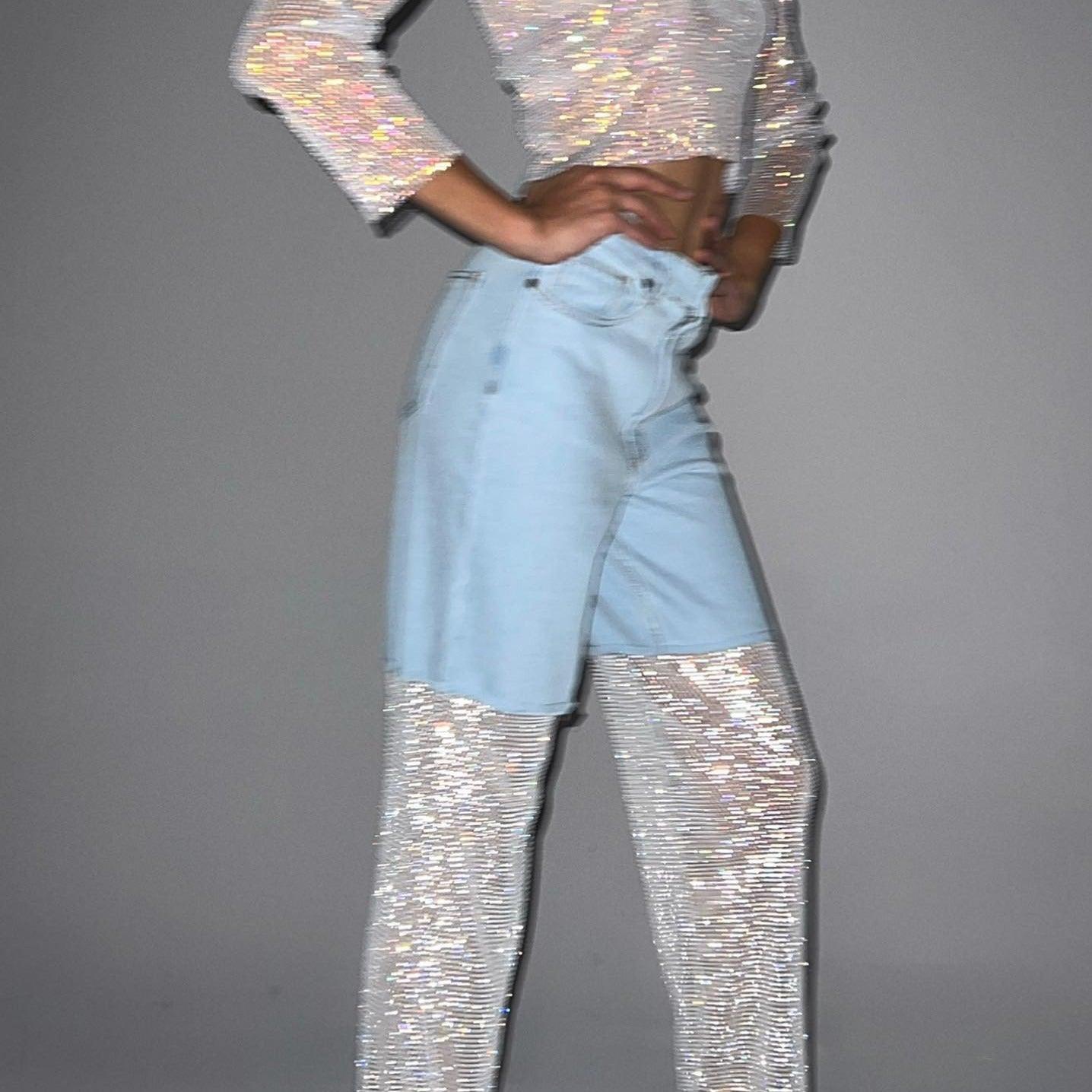 Emmanuelle Crystal Mesh Wide Leg Jeans - Blue / S - Be My Shine