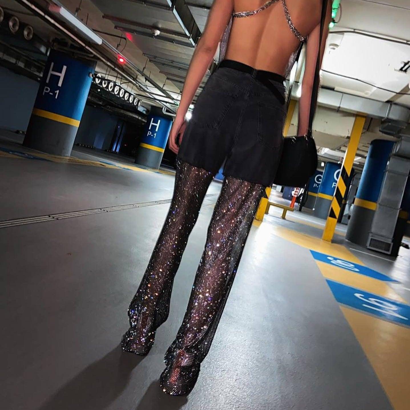 Emmanuelle Crystal Mesh Wide Leg Jeans - Blue / S - Be My Shine