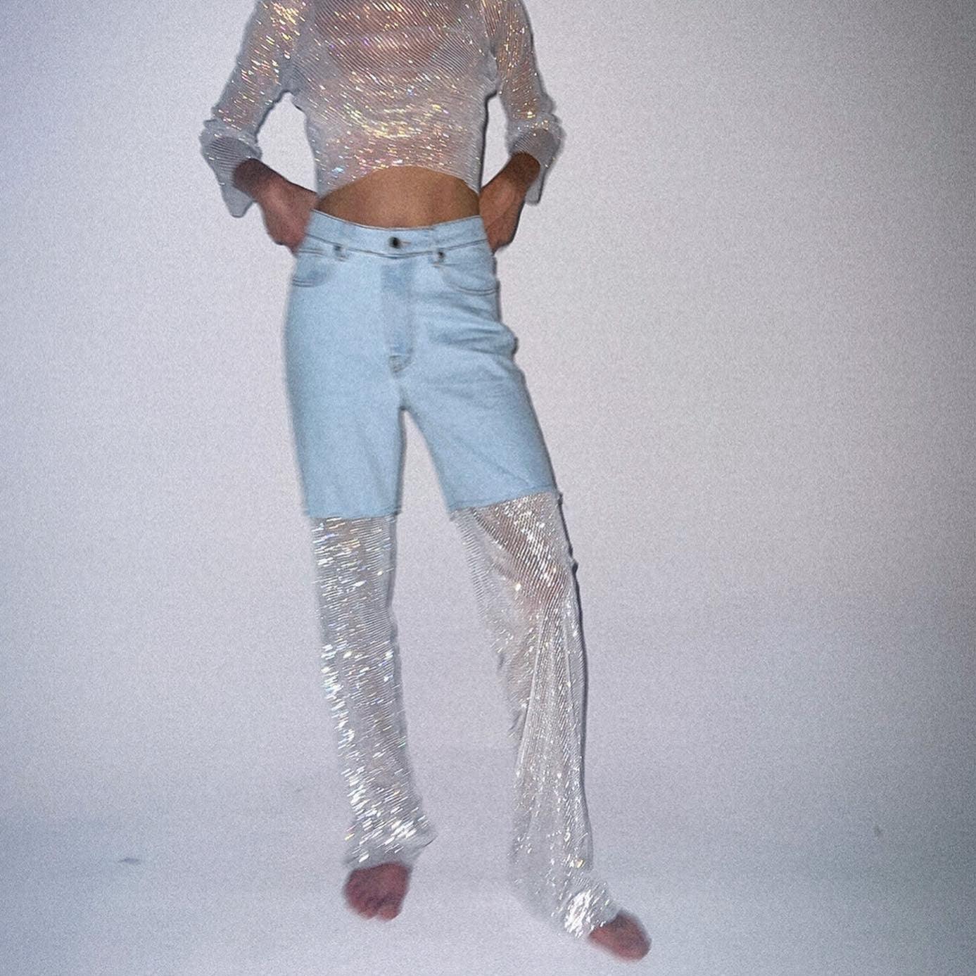 Emmanuelle Crystal Mesh Wide Leg Jeans - Blue / S - Be My Shine