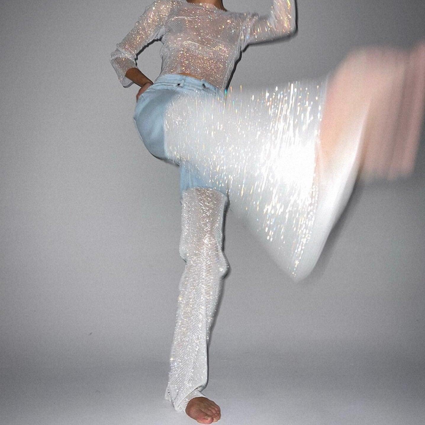 Emmanuelle Crystal Mesh Wide Leg Jeans - Blue / S - Be My Shine