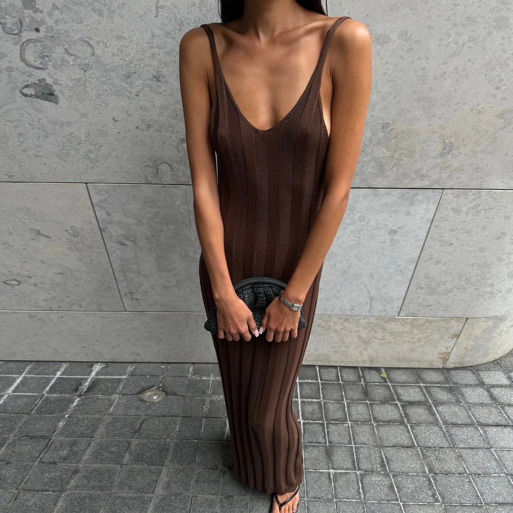 Evanna Knitted Backless Maxi Dress - Brown / S - Be My Shine