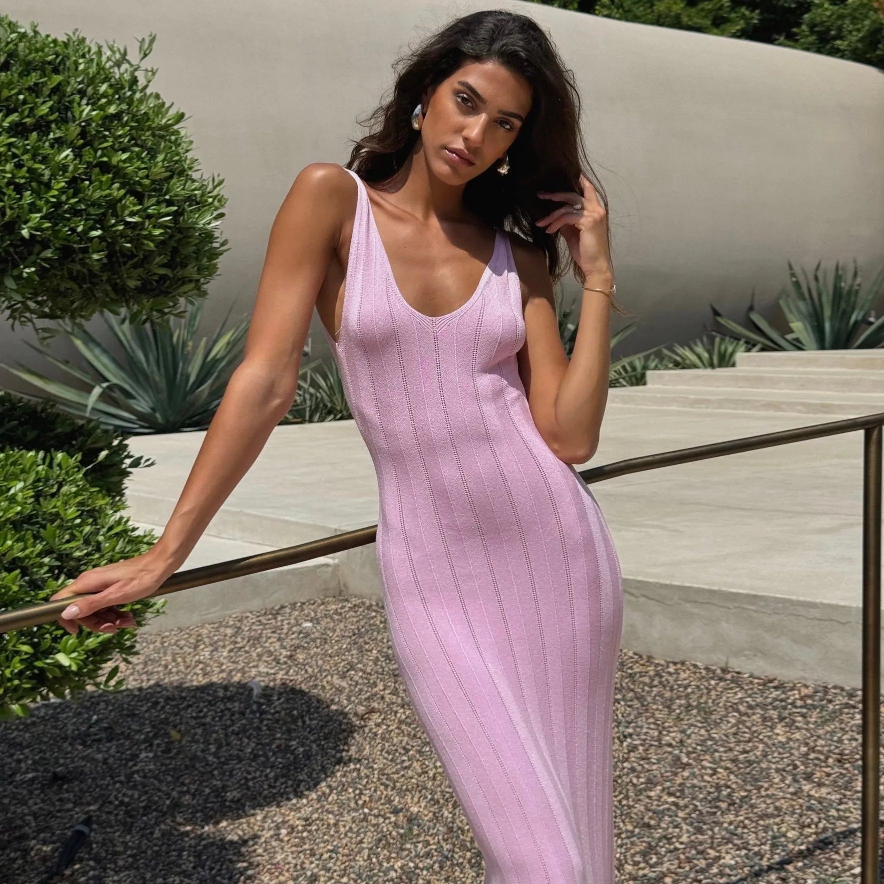 Evanna Knitted Backless Maxi Dress - Pink / S - Be My Shine