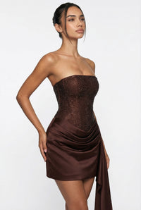 Alessandra Crystal Corset Mini Dress - Brown