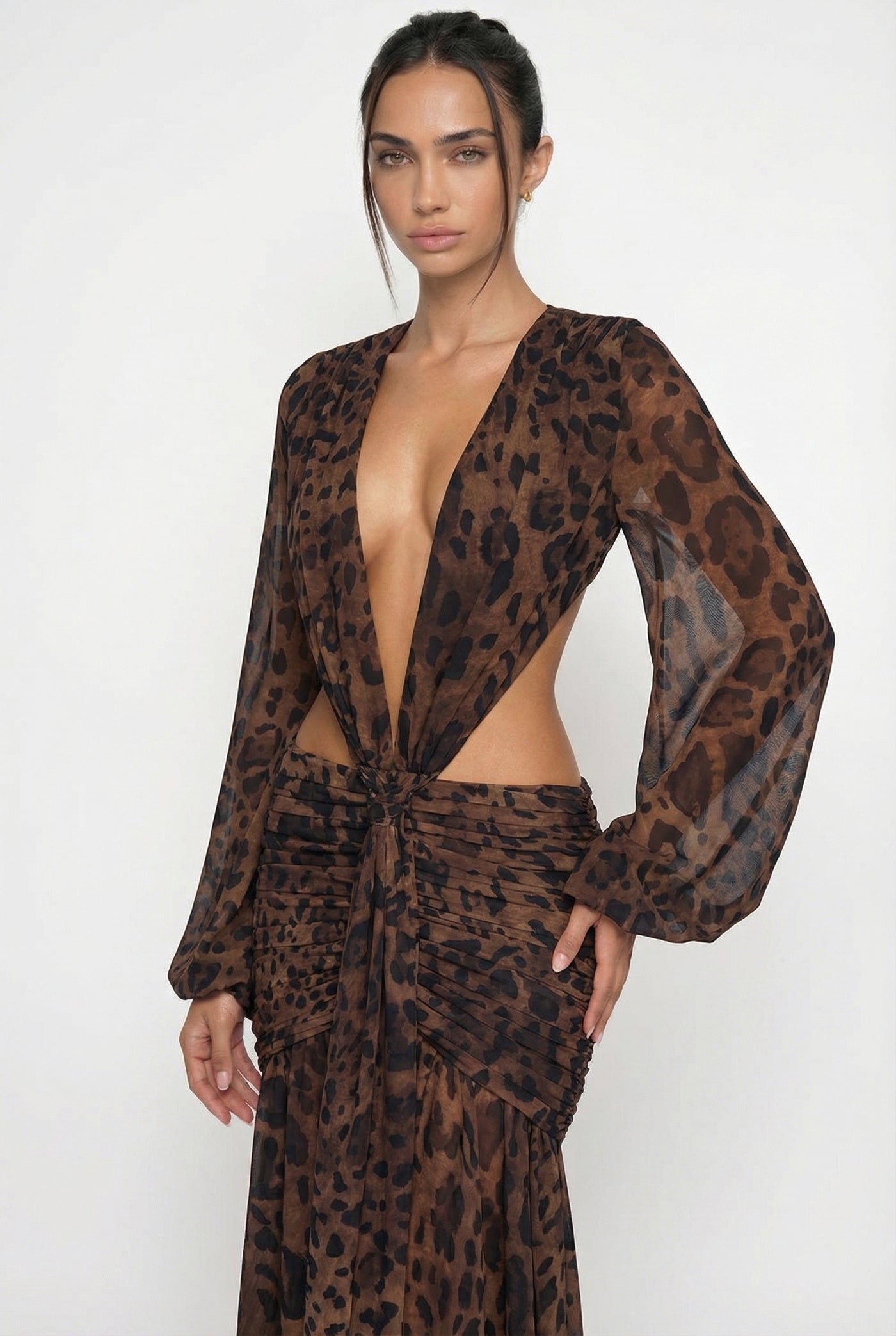 Raya Ruched Cut-Out Maxi Dress – Leopard
