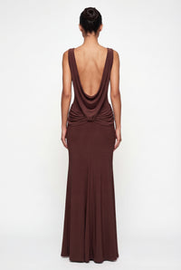 Corey Draped Open-Back Maxi Dress – Brown