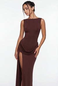 Corey Draped Open-Back Maxi Dress – Brown