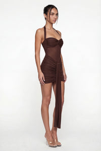 Willa Ruched Halter Mini Dress – Brown