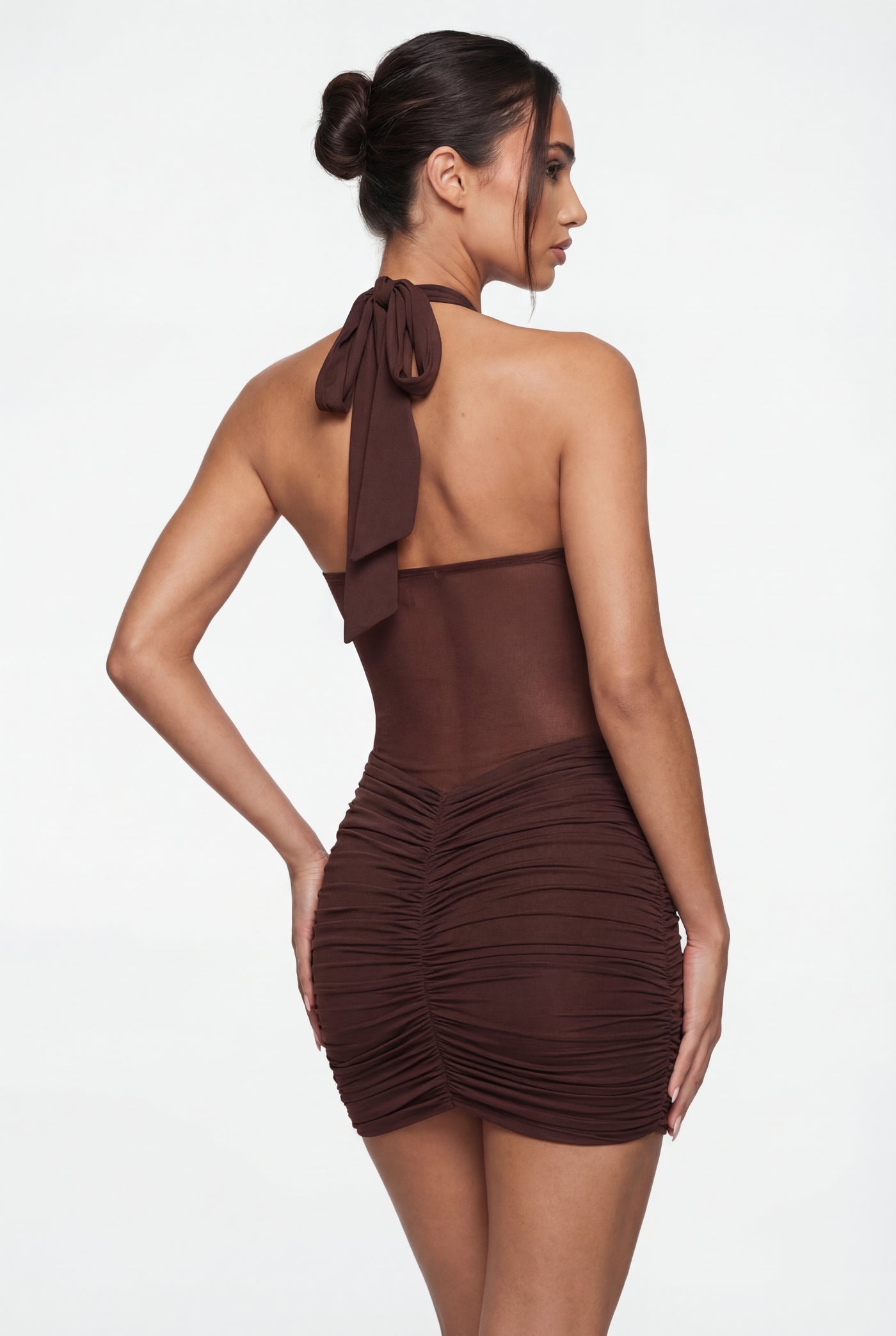 Willa Ruched Halter Mini Dress – Brown
