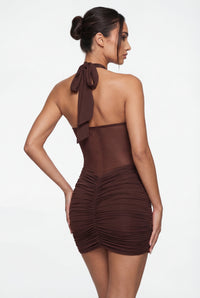 Willa Ruched Halter Mini Dress – Brown