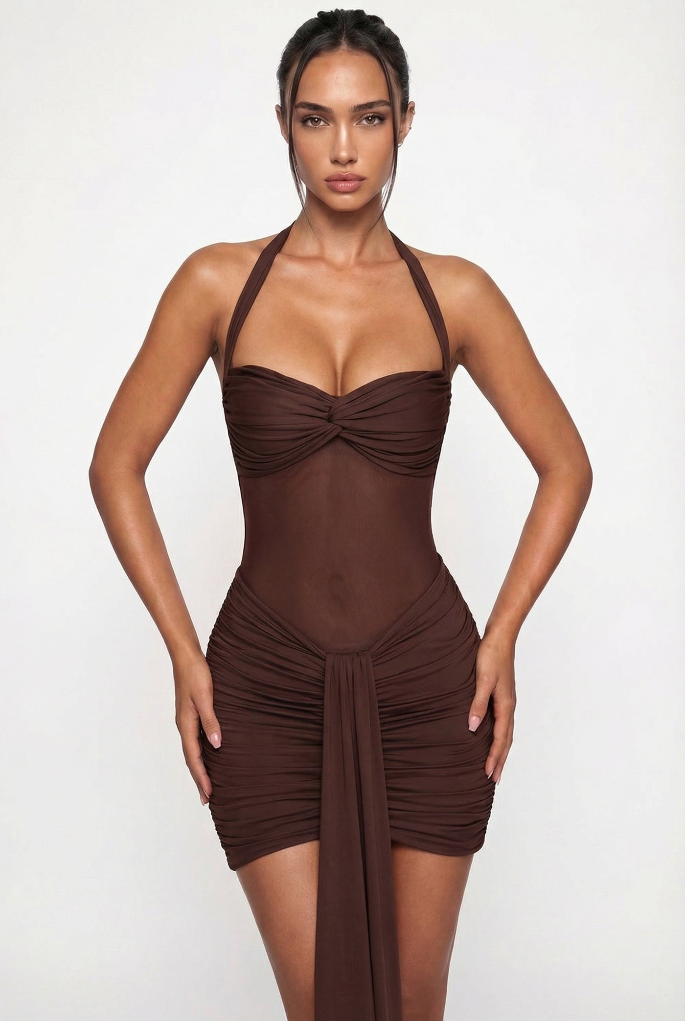 Willa Ruched Halter Mini Dress – Brown