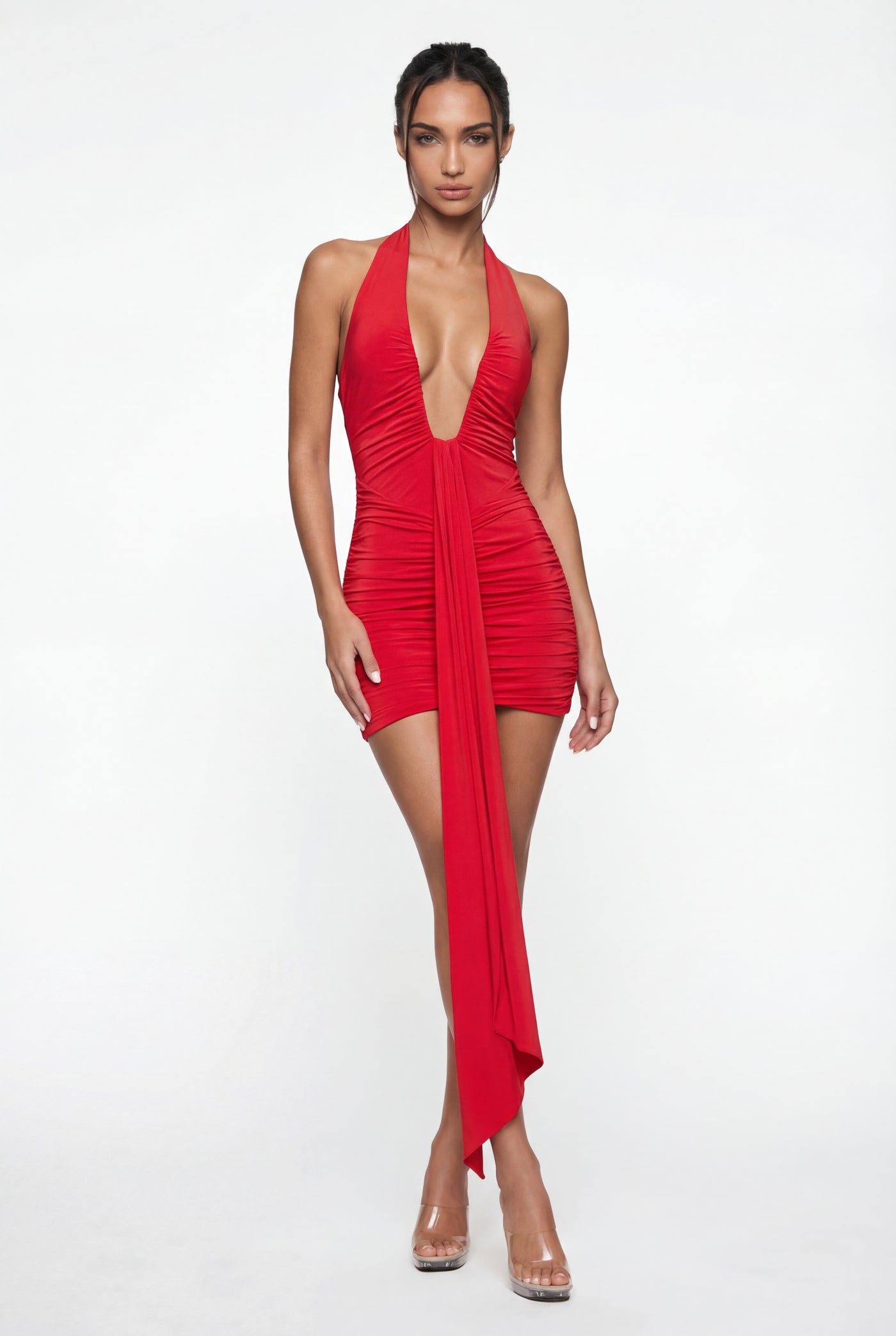 Marcel Ruched Halter Mini Dress – Red