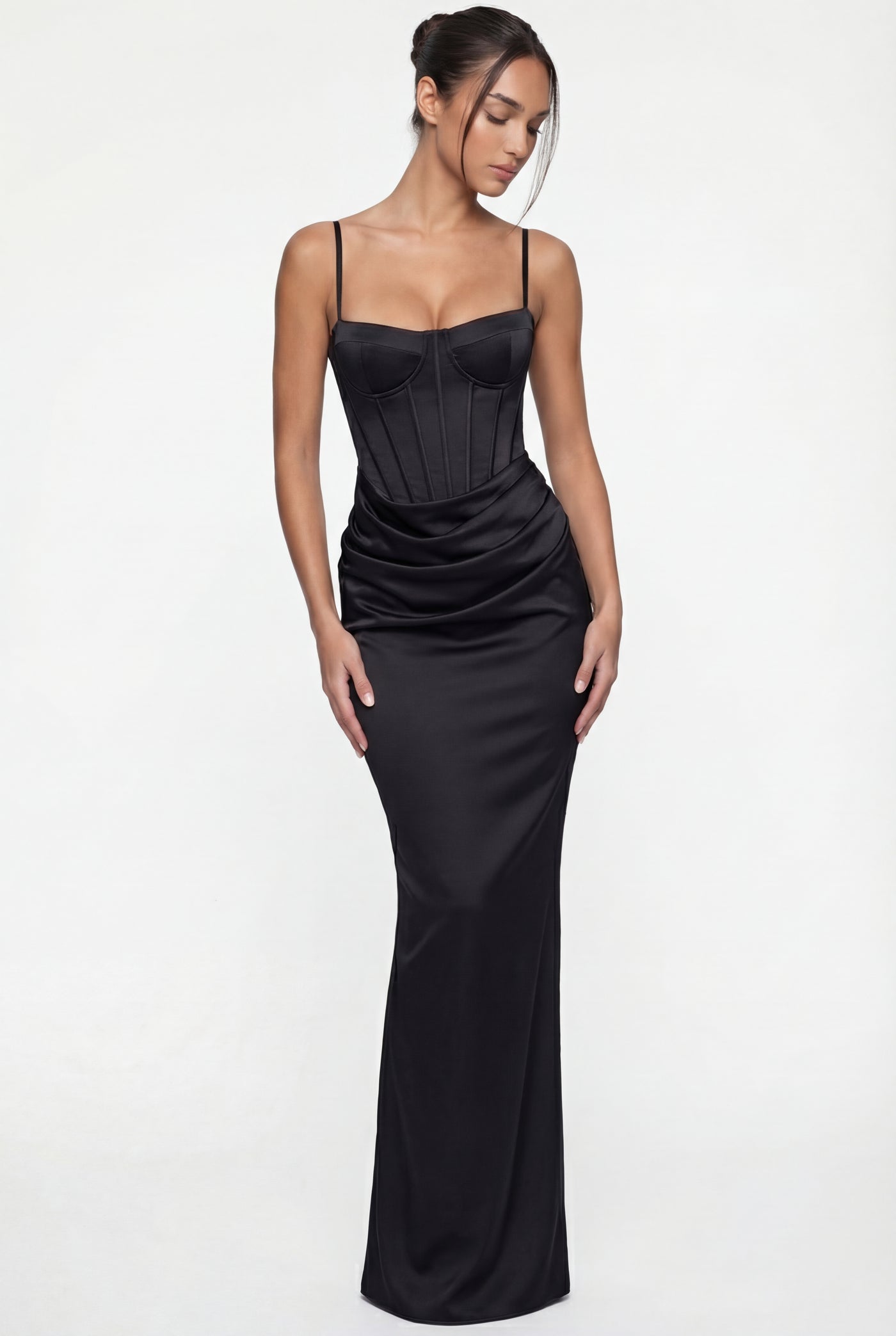 Madison Corset Satin Maxi Dress – Black