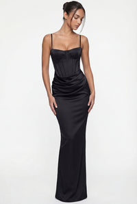 Madison Corset Satin Maxi Dress – Black