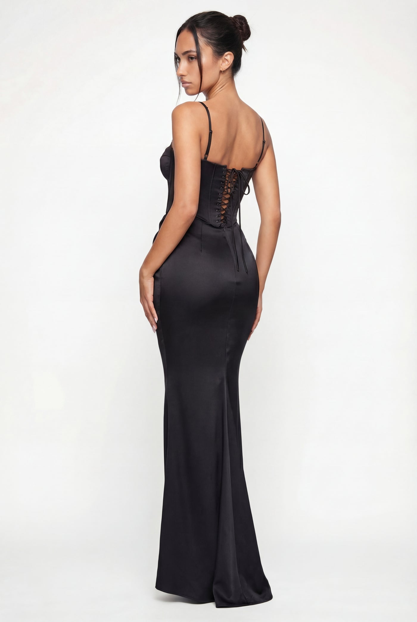 Madison Corset Satin Maxi Dress – Black