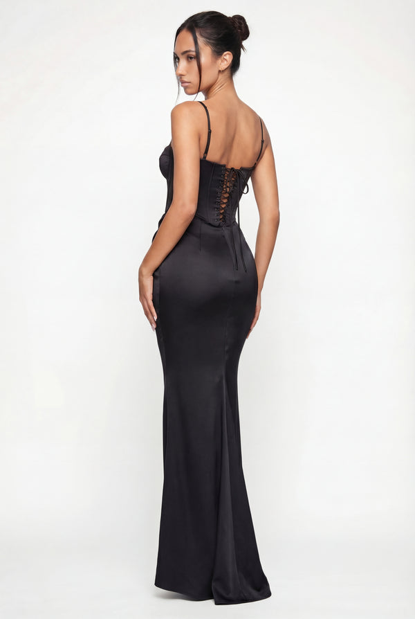 Madison Corset Satin Maxi Dress – Black