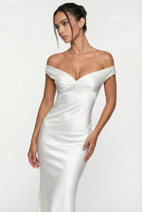 Keely Off-Shoulder Satin Maxi Dress – White