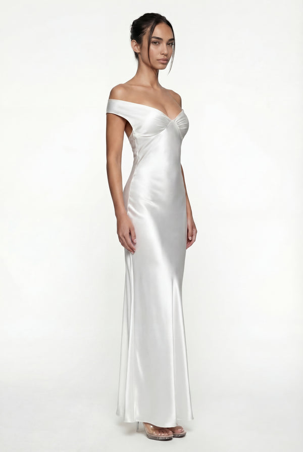 Keely Off-Shoulder Satin Maxi Dress – White