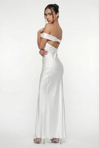 Keely Off-Shoulder Satin Maxi Dress – White