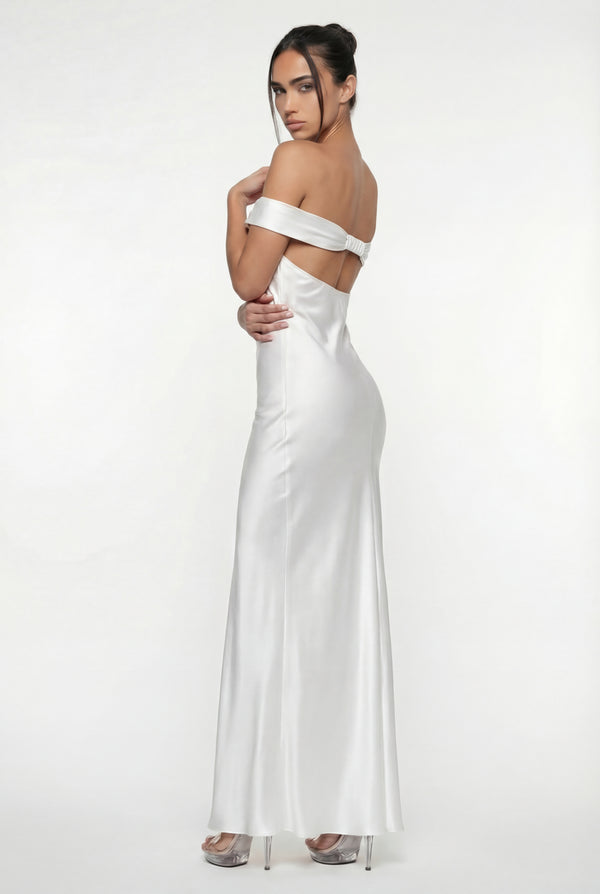 Keely Off-Shoulder Satin Maxi Dress – White