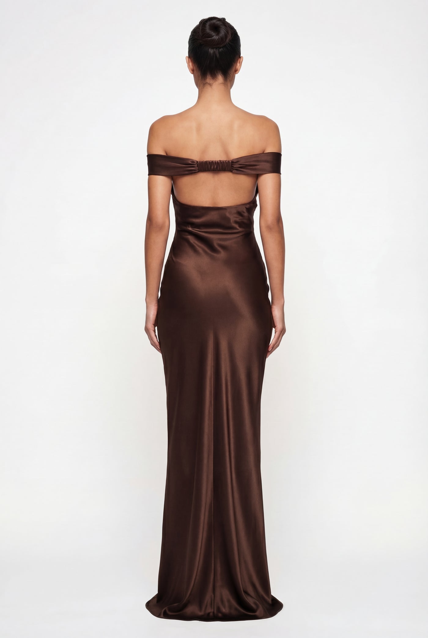 Keely Off-Shoulder Satin Maxi Dress – Brown