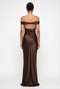 Keely Off-Shoulder Satin Maxi Dress – Brown